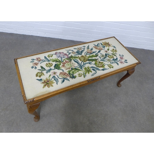 210 - Mahogany coffee table with tapestry top, 109 x 45 x 44cm.