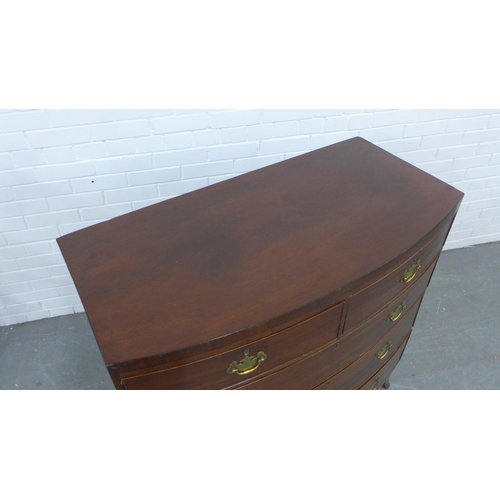 221 - Georgian mahogany bow front chest with four graduating long drawers, brass handles, standing on brac... 