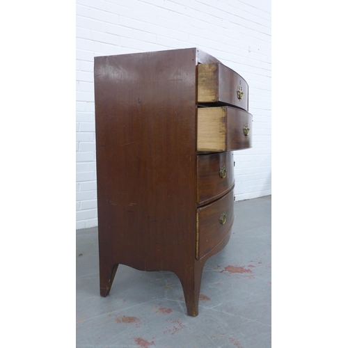 221 - Georgian mahogany bow front chest with four graduating long drawers, brass handles, standing on brac... 