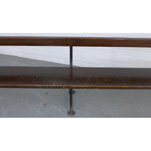 224 - Early 20th century stained pine pew / bench with black iron supports, 330 x 73 x 28cm