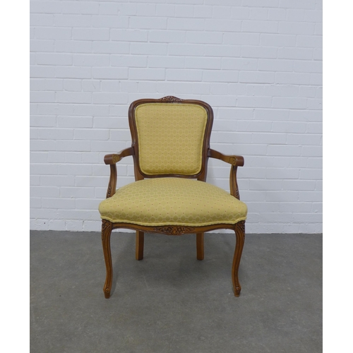 227 - Fruitwood open armchair with yellow upholstered seat and back, on foliate carved cabriole legs, 64 x... 