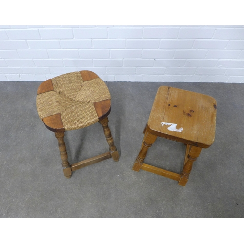 232 - An oak stool with rush seat and a vintage pine stool,  33 x 49cm. (2)