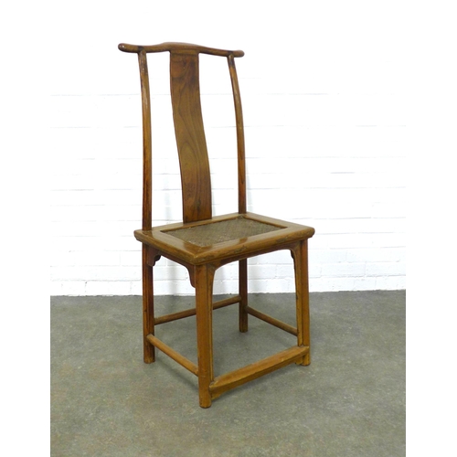 243 - Chinese yoke back chair, the wood with a golden hue, with a woven panel seat, legs united by  stretc... 