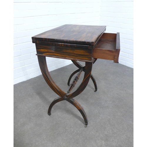 244 - 19th century coromandel / zebra wood card table, the fold over top with red baize interior over a si... 