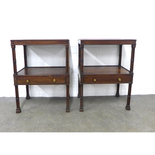 251 - Pair of mahogany two tier side tables / bedsides, rectangular tops with a frieze drawer, standing on... 