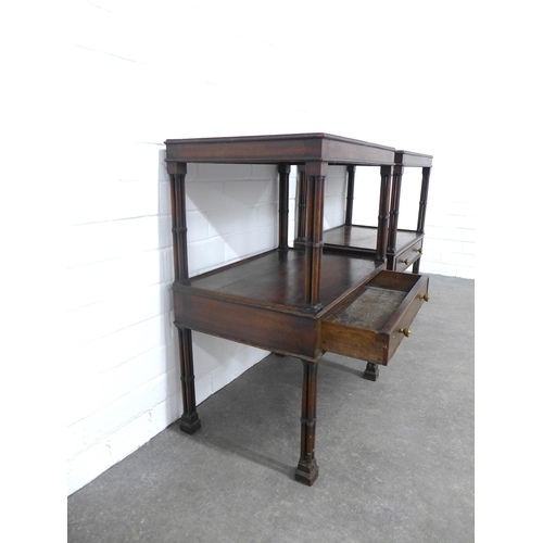 251 - Pair of mahogany two tier side tables / bedsides, rectangular tops with a frieze drawer, standing on... 