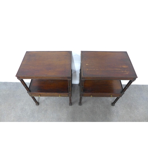 251 - Pair of mahogany two tier side tables / bedsides, rectangular tops with a frieze drawer, standing on... 