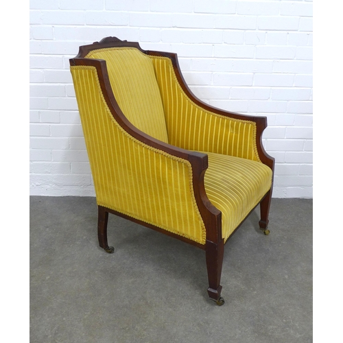 266 - Pair of mahogany framed armchairs with yellow upholstery, 66 x 95 x 53cm. (2)