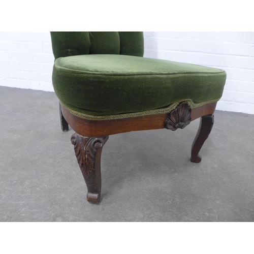 268 - Late 19th / early 20th century green upholstered button back chair, with carved mahogany legs, 55 x ... 