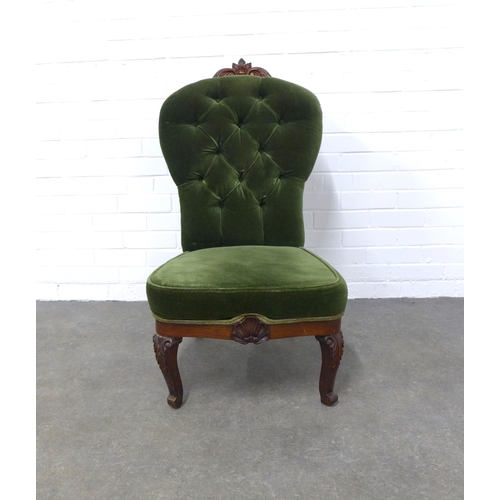 268 - Late 19th / early 20th century green upholstered button back chair, with carved mahogany legs, 55 x ... 