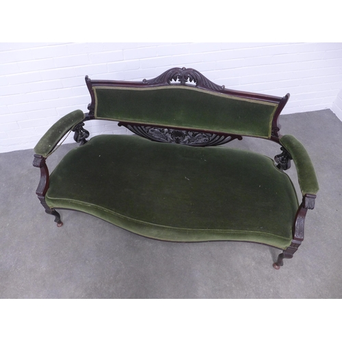 274 - Edwardian green upholstered parlour settee, 146 x 84 x 60cm.