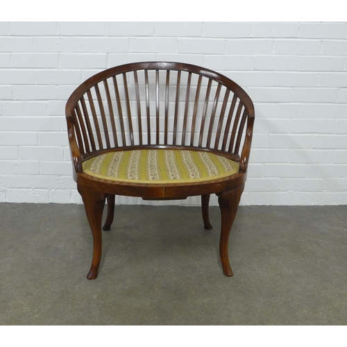 280 - Mahogany spindle back  tub chair, upholstered seat and cabriole legs, 70 x 73 x 46cm.