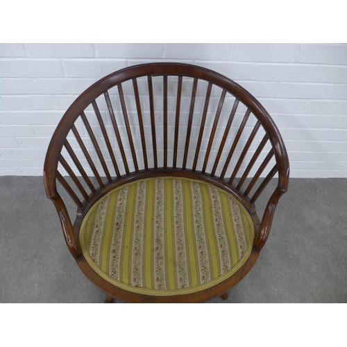 280 - Mahogany spindle back  tub chair, upholstered seat and cabriole legs, 70 x 73 x 46cm.