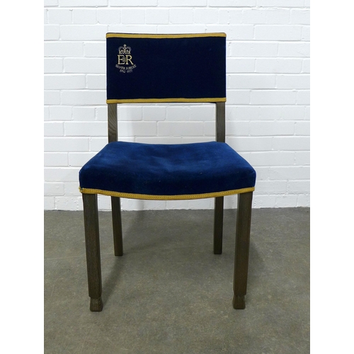 291 - Queen Elizabeth II limed oak Silver Jubilee chair, 1977, with blue velvet seat and back, 49 x 84 x 3... 