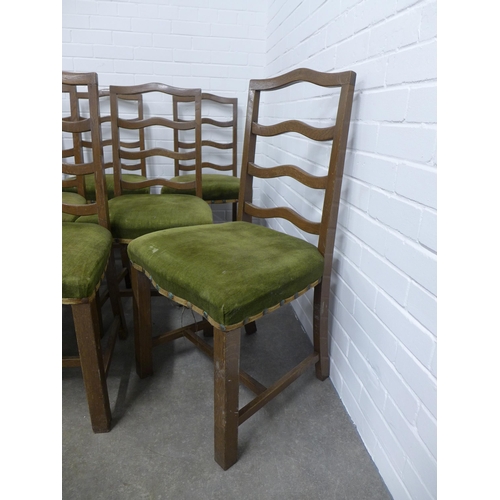 296 - Set of thirteen ladderback chairs, with green velvet stuff over seats 49 x 98 x 46cm.