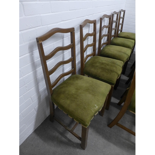 296 - Set of thirteen ladderback chairs, with green velvet stuff over seats 49 x 98 x 46cm.