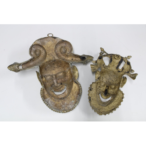 325 - Two West African brass wall masks, with serpent headwear, open smiling mouths, longest 30cm (2)