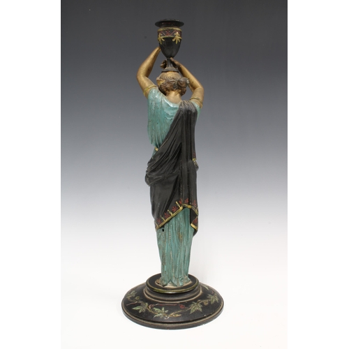 363 - Cold painted classical female figure candelabra, 39cm