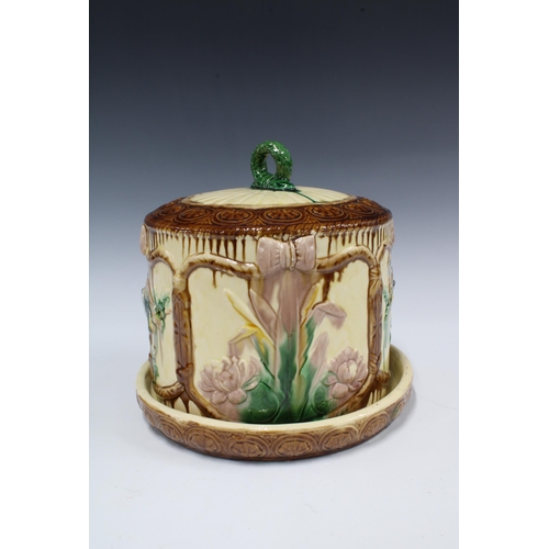 382 - Majolica cheese dish and cover with birds and blossom pattern, 25cm high