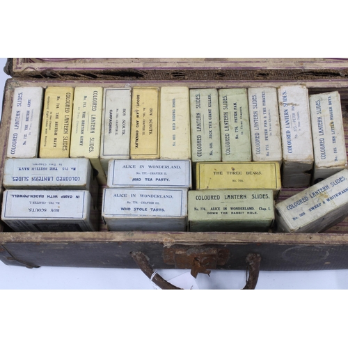 391 - A case containing eighteen sets of Coloured Lantern Slides, subjects include British Army, Boy Scout... 