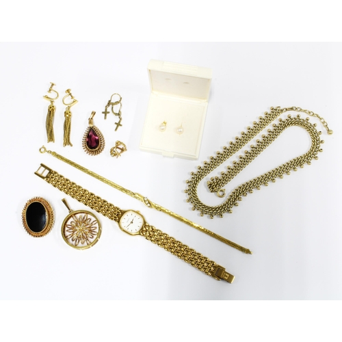 4 - A collection of gold plated costume jewellery and a pair of pearl stud earrings (a lot)
