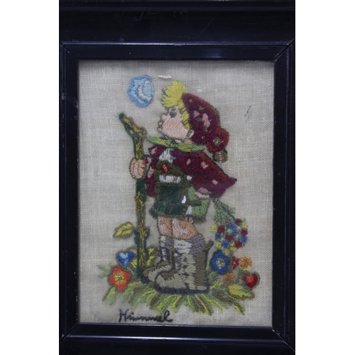 402 - Hummel wool work embroidery, framed under glass, 14 x 19cm