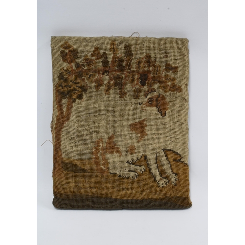 403 - A small antique tapestry of a Spaniel under a tree, tacked on a stretcher, 31 x 25cm