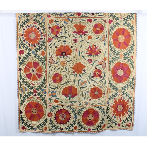 408 - Crewelwork panel, 152cm x 125cm, together with a white scarf with blue cornflowers 184 x 85cm (2)