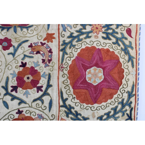 408 - Crewelwork panel, 152cm x 125cm, together with a white scarf with blue cornflowers 184 x 85cm (2)