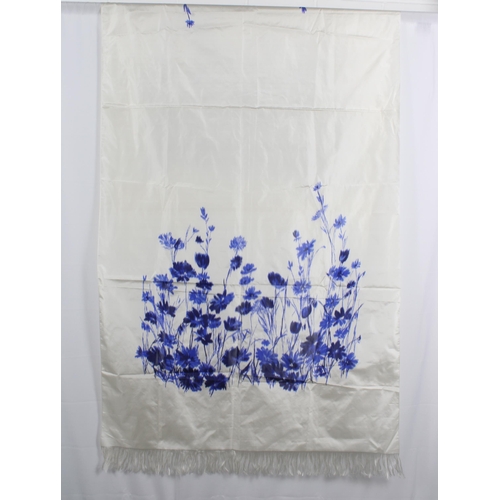 408 - Crewelwork panel, 152cm x 125cm, together with a white scarf with blue cornflowers 184 x 85cm (2)