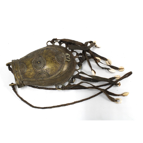 412 - African bronze container with cowrie shell tassels, 19cm