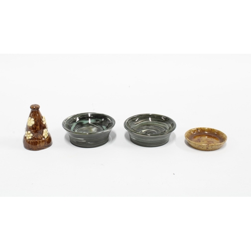 444 - Two agate style pottery salts and a miniature candle snuffer and stand (3)