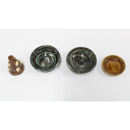 444 - Two agate style pottery salts and a miniature candle snuffer and stand (3)