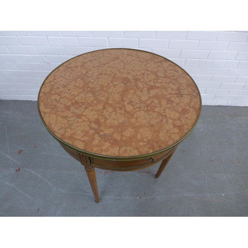 448 - Louis XVI style mahogany marble topped bouillotte table, the mottled pink marble within a brass rim,... 