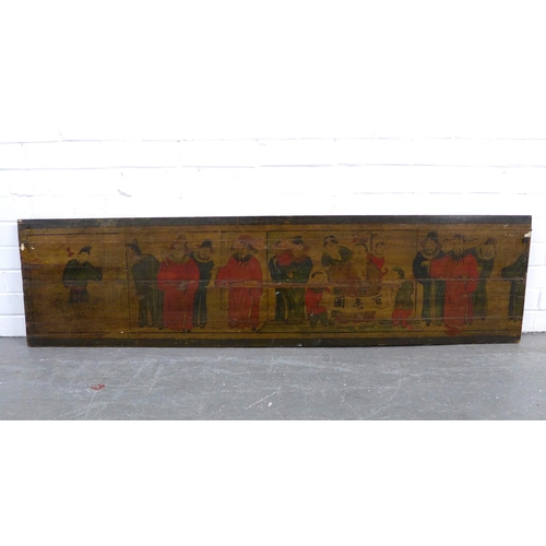 451 - Chinese wooden block, painted with a procession of figures,  155 x 40cm.