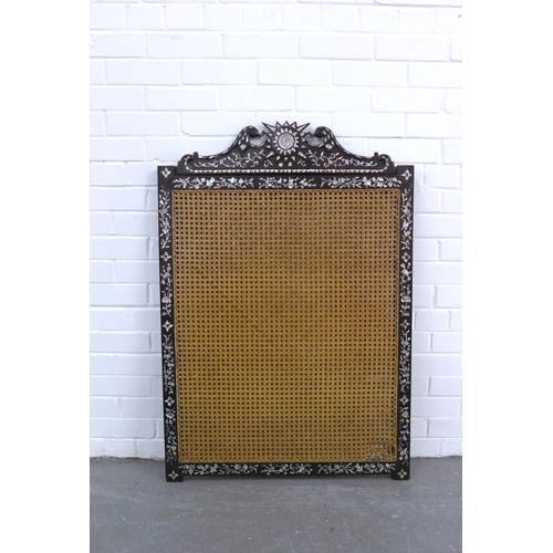 455 - Chinese rosewood and mother of pearl, cane work screen, circa 20th century 77 x 110cm.