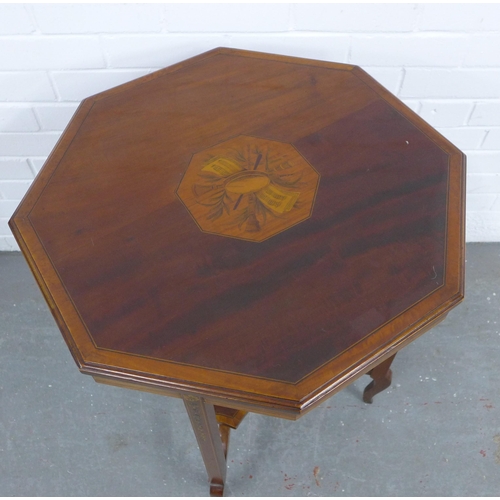 458 - Edwardian mahogany & marquetry inlaid centre table, octagonal top, under tier and cabriole legs,  61... 