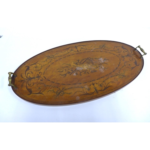 459 - Edwardian satinwood & mahogany marquetry oval tray, 71 x 35cm.