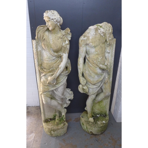 464 - A pair of composite garden statues, modelled as standing male and female classical figures, with lat... 