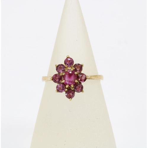 49 - 9ct gold ruby cluster dress ring, London 1997, size N