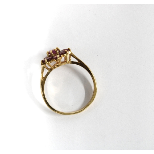 49 - 9ct gold ruby cluster dress ring, London 1997, size N
