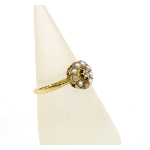 64 - Early 20th century diamond and seed pearl ring, stamped 18ct, size P