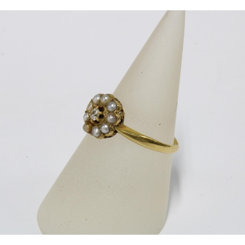 64 - Early 20th century diamond and seed pearl ring, stamped 18ct, size P