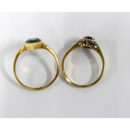 65 - 18ct gold gemset dress ring, size O1/2, and an 18ct gold cameo ring size M (2)