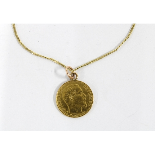 67 - A gold Five Francs coin on a 9ct gold chain necklace