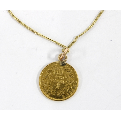 67 - A gold Five Francs coin on a 9ct gold chain necklace