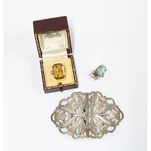 69 - 9ct gold quartz dress ring, gold plated bug brooch and an Edwardian silver two part belt buckle with... 