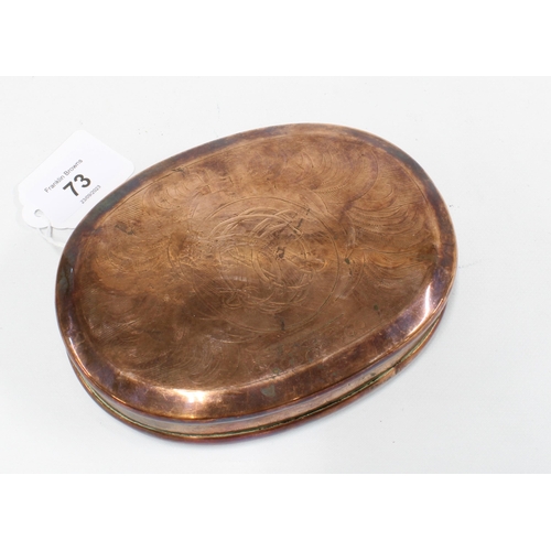 73 - Early 18th century large copper tobacco table snuff box, with engraved  armorial and hinged lid, 14.... 