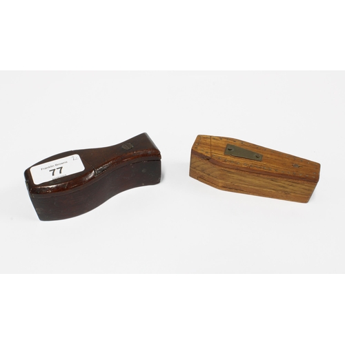 77 - Two treen coffin shaped puzzle snuff boxes, 10cm