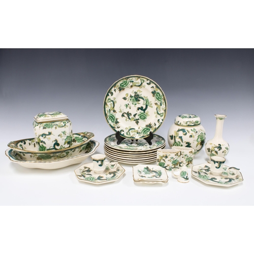 86 - A collection of  Masons Ironstone Chartreuse pattern pottery to include chamber sticks, jars, plates... 